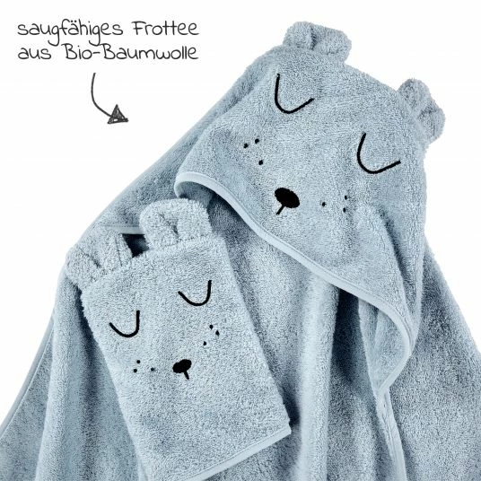 Alvi Bade-Set Organic Cotton - Kapuzenbadetuch + Waschhandschuh - Faces - Blau 2 Alvi Bade-Set Organic Cotton - Kapuzenbadetuch + Waschhandschuh - Faces - Blau – Bild 2