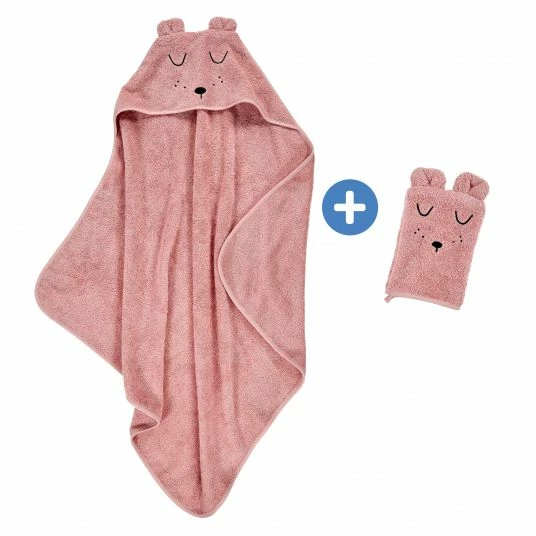 Alvi Bade-Set Organic Cotton - Kapuzenbadetuch + Waschhandschuh - Faces - Rosa 1 Alvi Bade-Set Organic Cotton - Kapuzenbadetuch + Waschhandschuh - Faces - Rosa