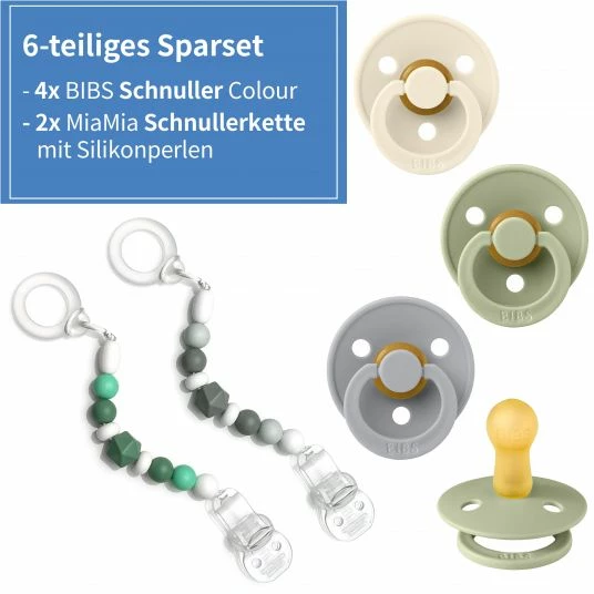 Bibs 6-tlg. Schnuller-Set - 4 Latex-Schnuller Colour 0-6 M + 2 Silikon-Schnullerketten - Cloud Sage Ivory 2 Bibs 6-tlg. Schnuller-Set - 4 Latex-Schnuller Colour 0-6 M + 2 Silikon-Schnullerketten - Cloud Sage Ivory – Bild 2