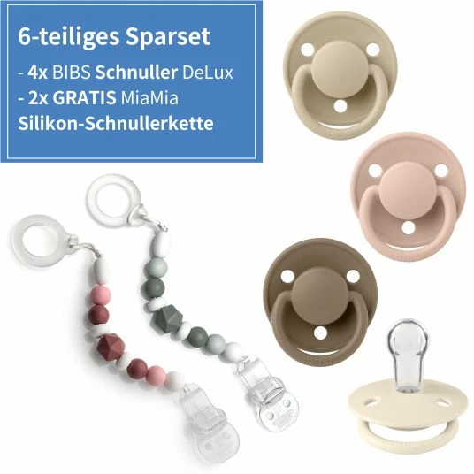 Bibs 6-tlg. Schnuller-Set - 4 Silikon-Schnuller De Lux 0-36 M + GRATIS 2x Silikon-Schnullerkette - Ivory Blush Vanilla Dark Oak 2 Bibs 6-tlg. Schnuller-Set - 4 Silikon-Schnuller De Lux 0-36 M + GRATIS 2x Silikon-Schnullerkette - Ivory Blush Vanilla Dark Oak – Bild 2