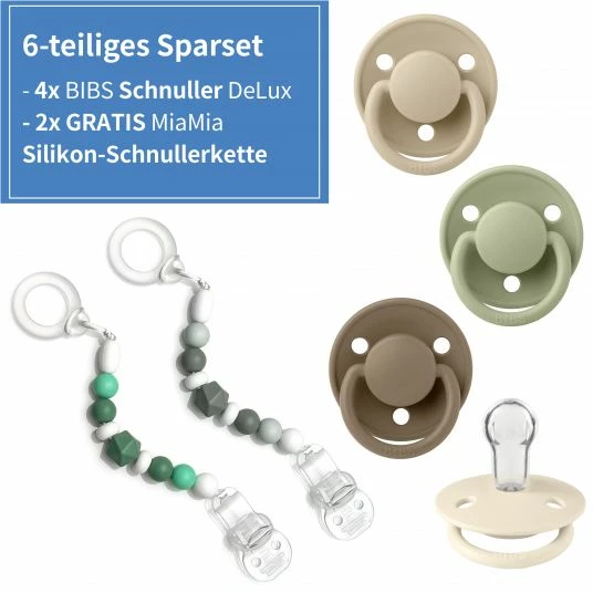 Bibs 6-tlg. Schnuller-Set - 4 Silikon-Schnuller De Lux 0-36 M + GRATIS 2x Silikon-Schnullerkette - Ivory Sage Vanilla Dark Oak 2 Bibs 6-tlg. Schnuller-Set - 4 Silikon-Schnuller De Lux 0-36 M + GRATIS 2x Silikon-Schnullerkette - Ivory Sage Vanilla Dark Oak – Bild 2