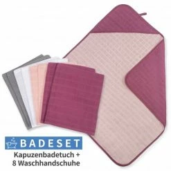 Makian 9-tlg. Bade-Set Mull Kapuzenbadetuch + 8 Waschhandschuhe - Orchidee / Puder