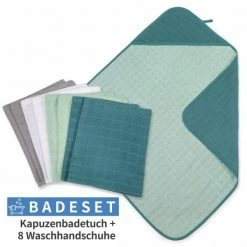 Makian 9-tlg. Bade-Set Mull Kapuzenbadetuch + 8 Waschhandschuhe - Patina / Mint