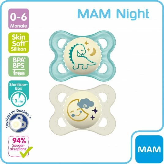 MAM Leucht-Schnuller 2er Pack Night - Silikon 0-6 M - Dino & Mond 2 MAM Leucht-Schnuller 2er Pack Night - Silikon 0-6 M - Dino & Mond – Bild 2