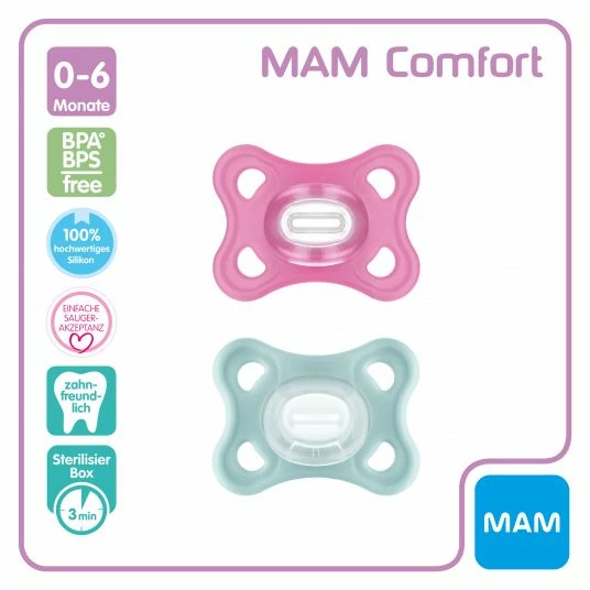 MAM Schnuller 2er Pack Comfort - Silikon Newborn 0-2 M - Rosa Lila 2 MAM Schnuller 2er Pack Comfort - Silikon Newborn 0-2 M - Rosa Lila – Bild 2