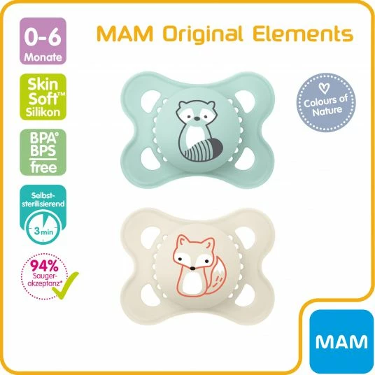 MAM Schnuller 2er Pack Original Elements - Silikon 0-6 M - Waschbär & Fuchs 2 MAM Schnuller 2er Pack Original Elements - Silikon 0-6 M - Waschbär & Fuchs – Bild 2