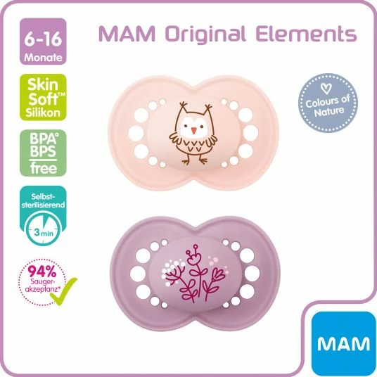 MAM Schnuller 2er Pack Original Elements - Silikon 6-16 M - Eule & Blume 2 MAM Schnuller 2er Pack Original Elements - Silikon 6-16 M - Eule & Blume – Bild 2