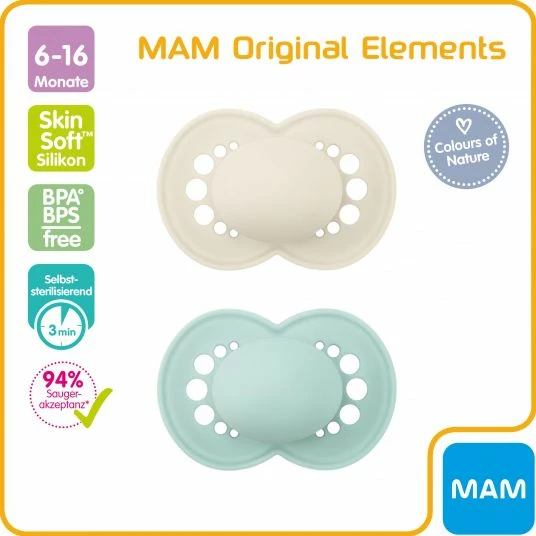 MAM Schnuller 2er Pack Original Elements - Silikon 6-16 M - Mint Beige 2 MAM Schnuller 2er Pack Original Elements - Silikon 6-16 M - Mint Beige – Bild 2