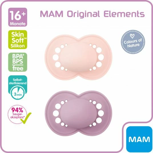 MAM Schnuller 2er Pack Original Elements - Silikon ab 16 M - Rosa Lila 2 MAM Schnuller 2er Pack Original Elements - Silikon ab 16 M - Rosa Lila – Bild 2