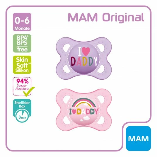 MAM Schnuller 2er Pack Original - Silikon 0-6 M - I Love Daddy - Rosa 2 MAM Schnuller 2er Pack Original - Silikon 0-6 M - I Love Daddy - Rosa – Bild 2