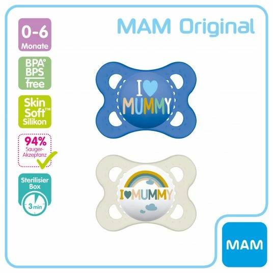 MAM Schnuller 2er Pack Original - Silikon 0-6 M - I Love Mummy - Blau 2 MAM Schnuller 2er Pack Original - Silikon 0-6 M - I Love Mummy - Blau – Bild 2