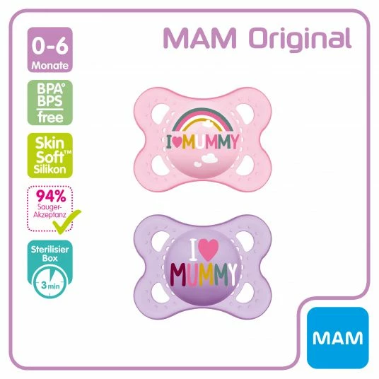 MAM Schnuller 2er Pack Original - Silikon 0-6 M - I Love Mummy - Rosa 2 MAM Schnuller 2er Pack Original - Silikon 0-6 M - I Love Mummy - Rosa – Bild 2