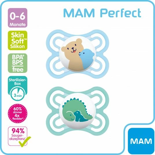 MAM Schnuller 2er Pack Perfect - Silikon 0-6 M - Bär & Dino 2 MAM Schnuller 2er Pack Perfect - Silikon 0-6 M - Bär & Dino – Bild 2